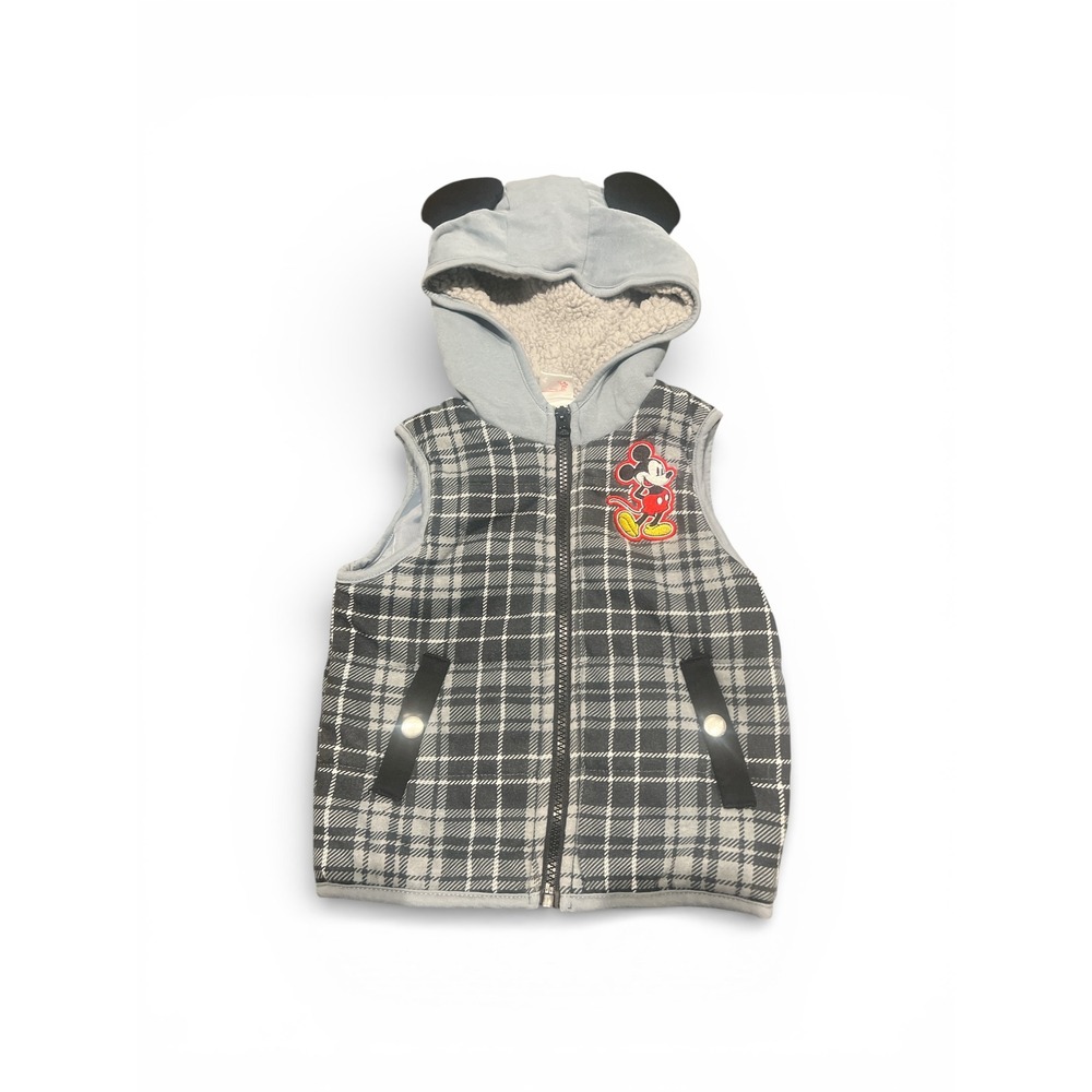 Disney‎ Mickey Mouse Boys Plaid Hooded Vest with Ears Grey White 3T